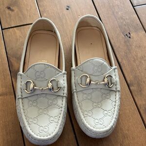 Gucci Off-White GG Embossed Leather Horsebit Loafers